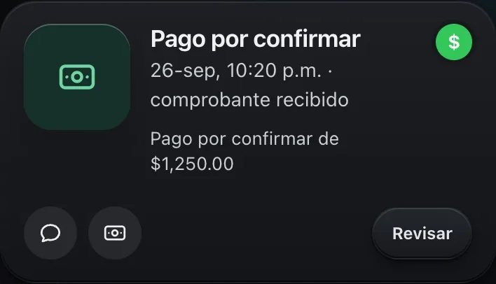 Un aviso de pago por confirmar en el panel de Korvendi