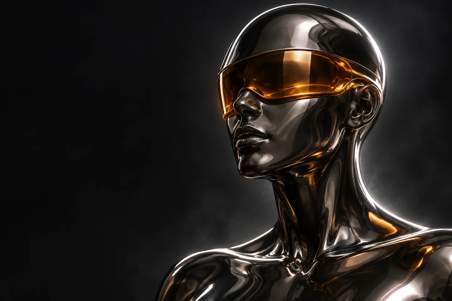 Escultura futurista de cromo con un visor de luz ámbar
