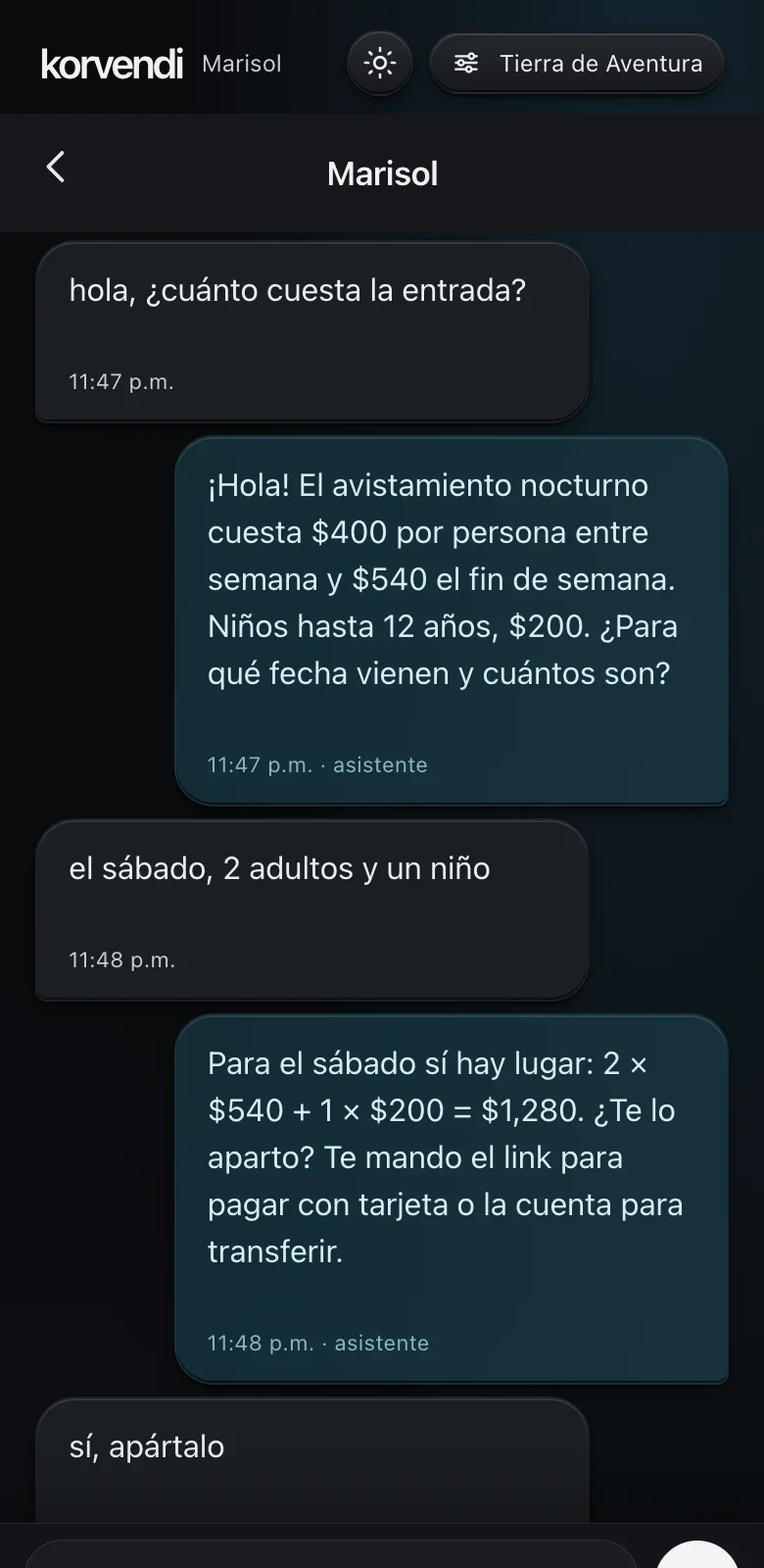 Una conversación atendida por el asistente de Korvendi