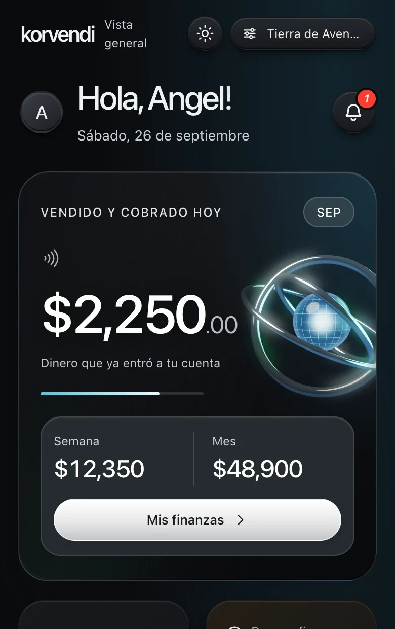 El inicio del panel de Korvendi: lo vendido y cobrado hoy