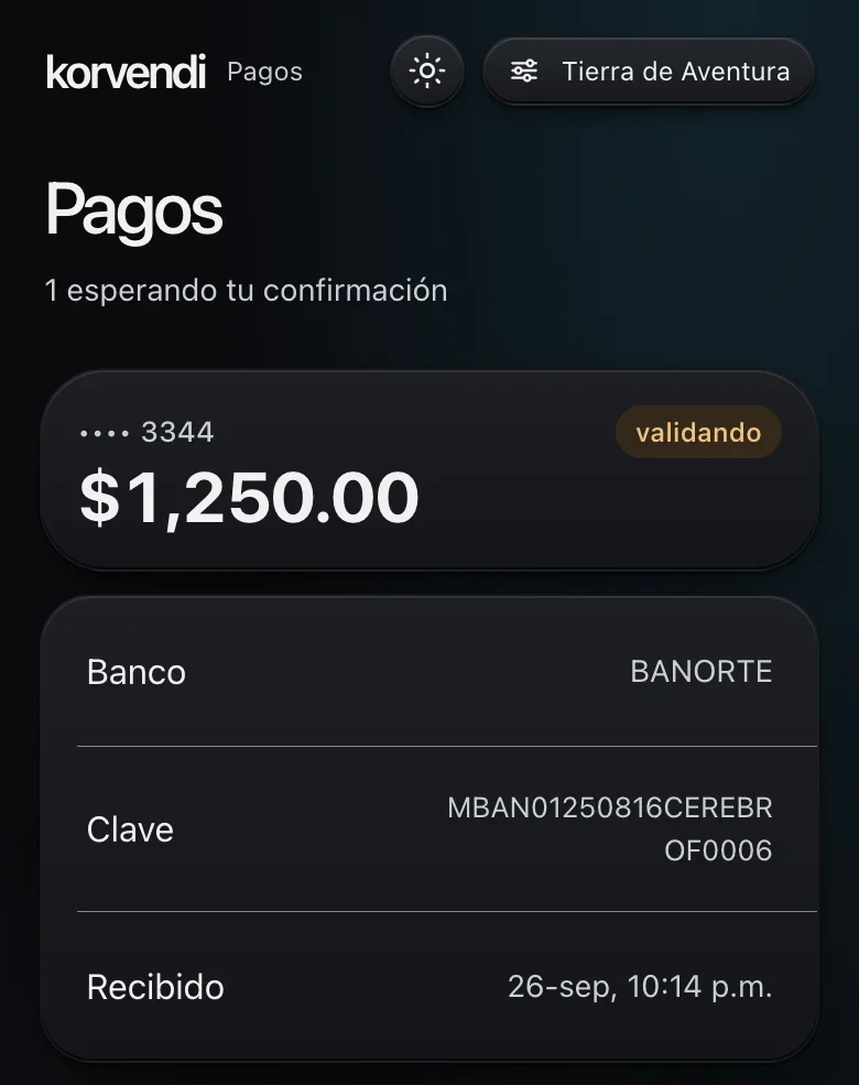 Pagos en el panel de Korvendi